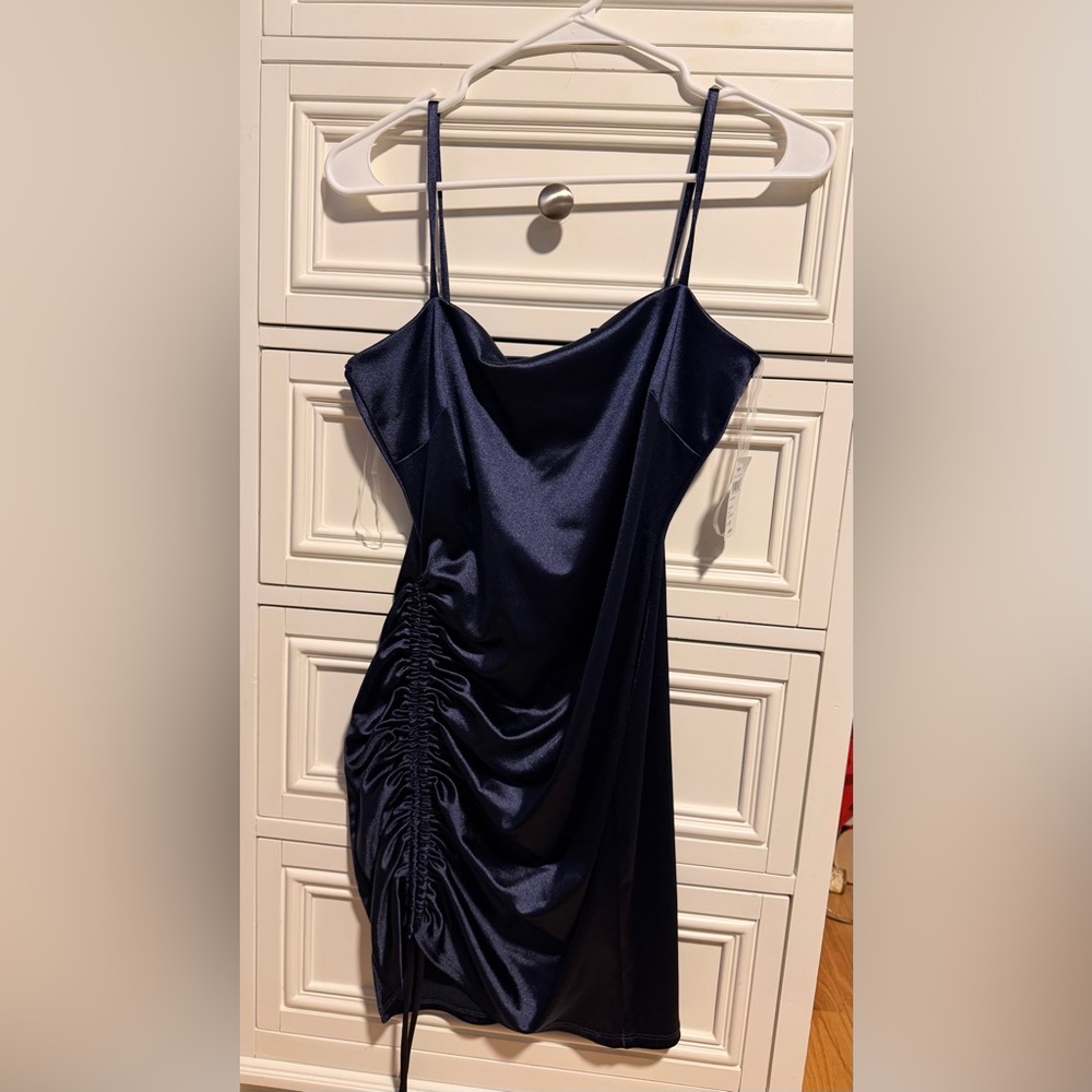 Windsor Elegant Navy Satin Ruched Slip Dress - Women